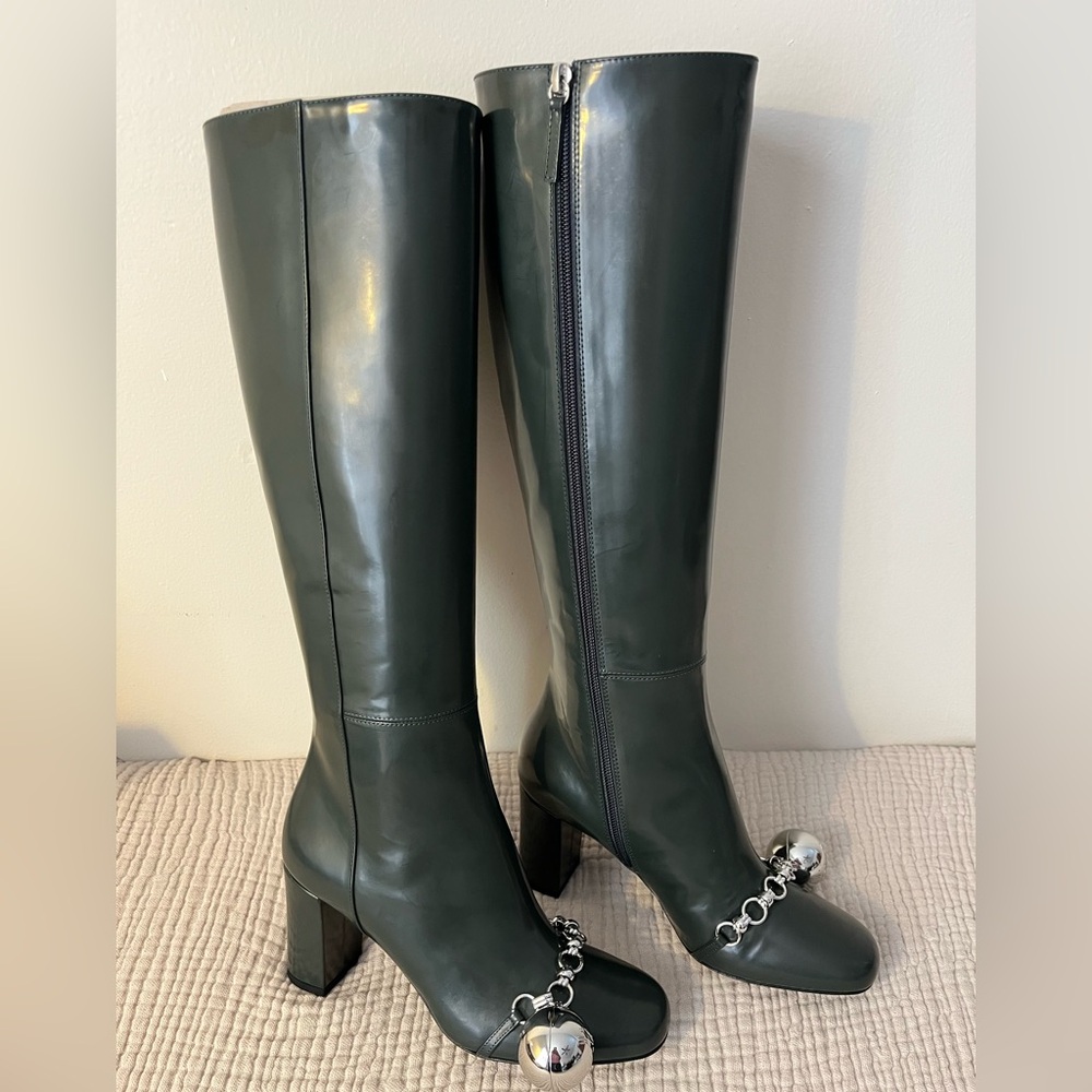 Longchamp Ball Chain Boot ALL Leather Green Fir Neutral 7.5 US 38 EU